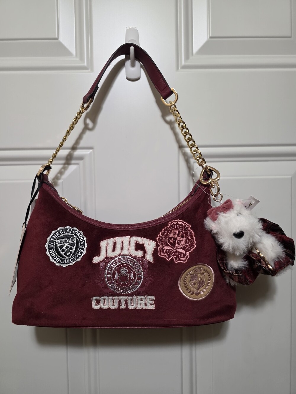 JUICY COUTURE Varsity Shoulder Bag with Dog Bag Charm Burgundy NWT